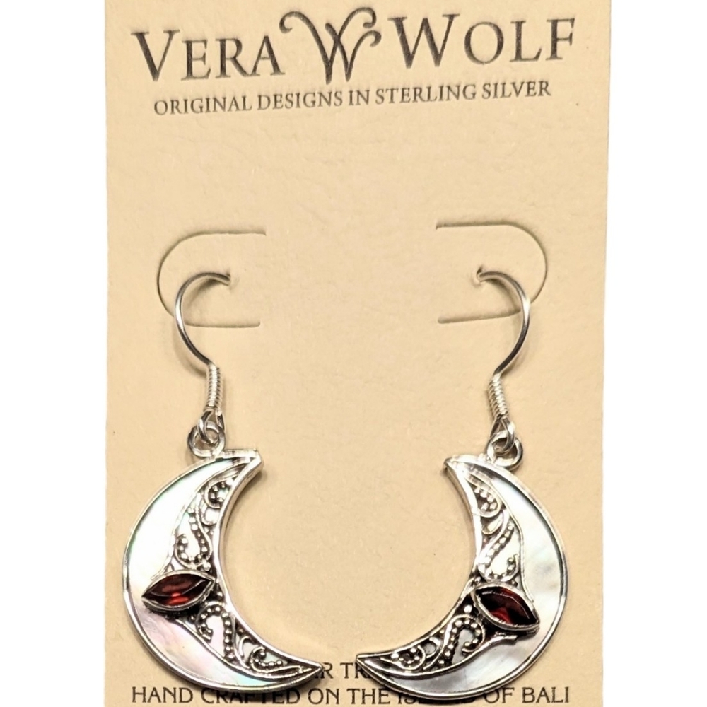 Vera Wolf Sterling Silver Mother of Pearl and Garnet Moon Earrings